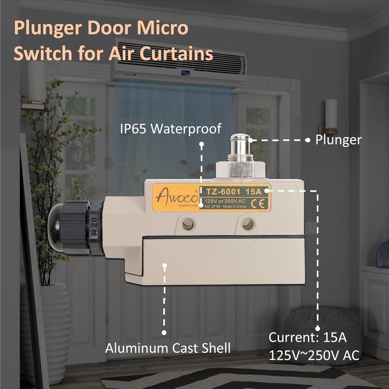 Awoco Heavy Duty Commercial Plunger Door Micro Switch for Air Curtains, 250V 15A IP 65 Limit Switch Type NO and Type NC (TZ-6001-15A) - Image 2